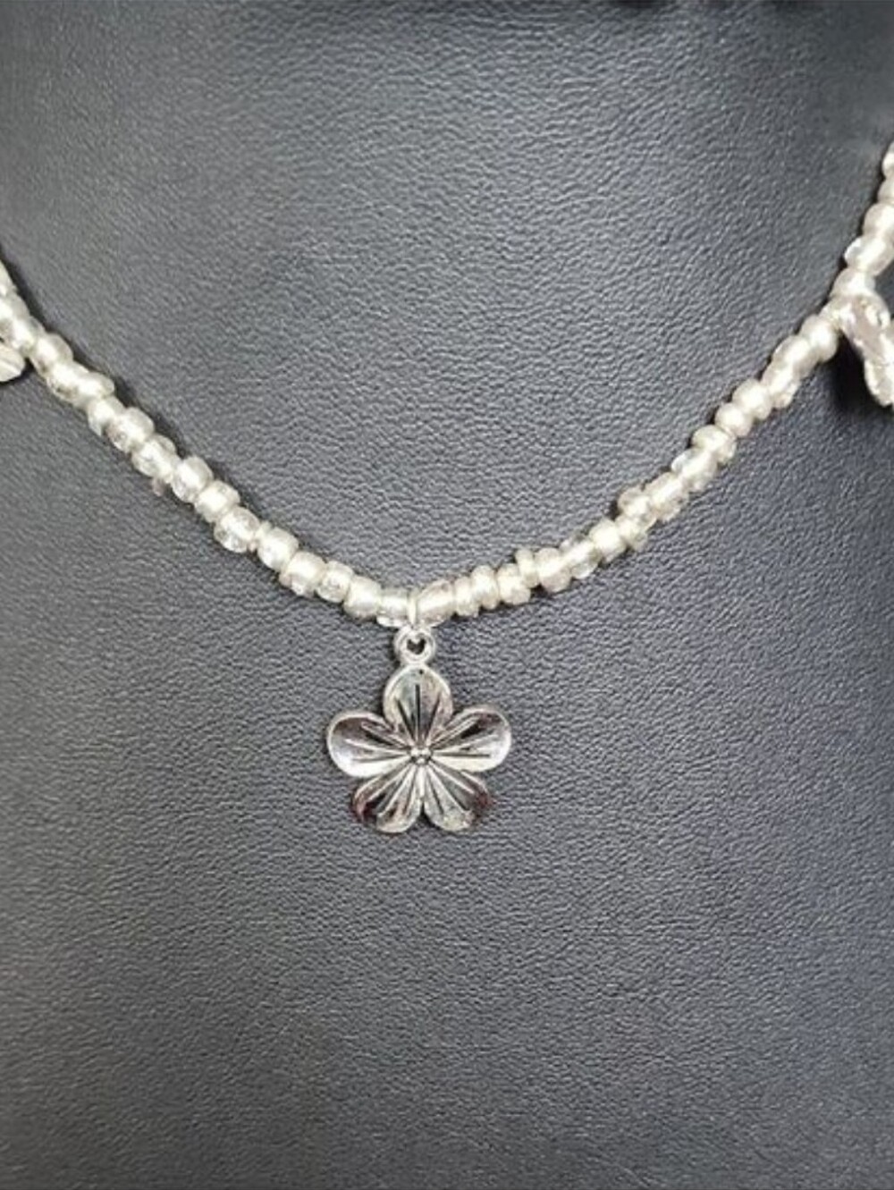 FLOWER BUTTERFLY Charm EXTRA LONG beaded NECKLACE  Simulated MOONSTONES